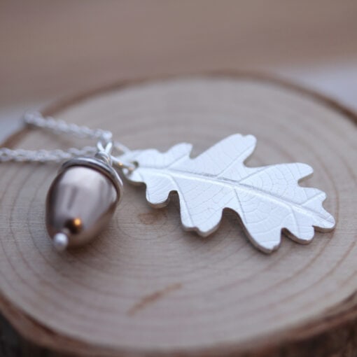 Sterling Silver Oak Leaf Necklace & Crystal Pearl Acorn
