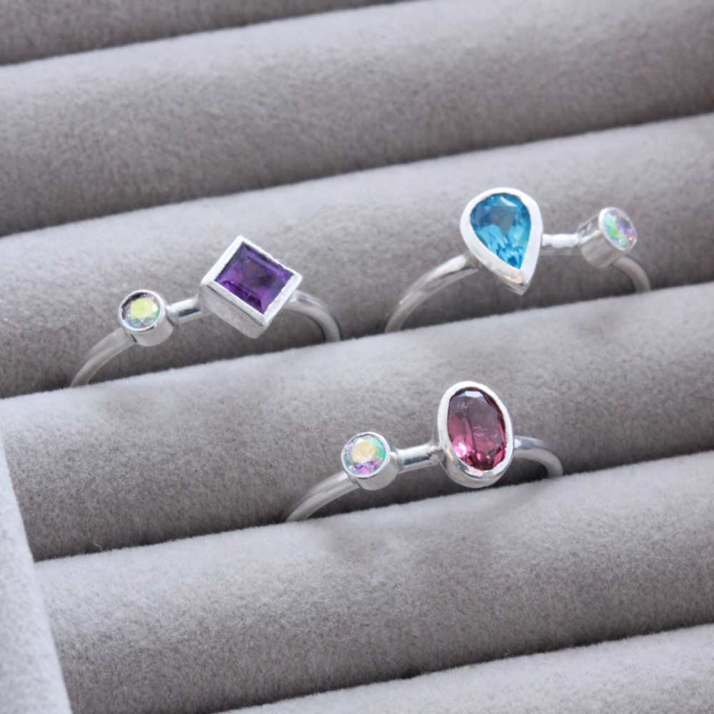 Sterling Silver Oval Gemstone & Aurora Stone Ring