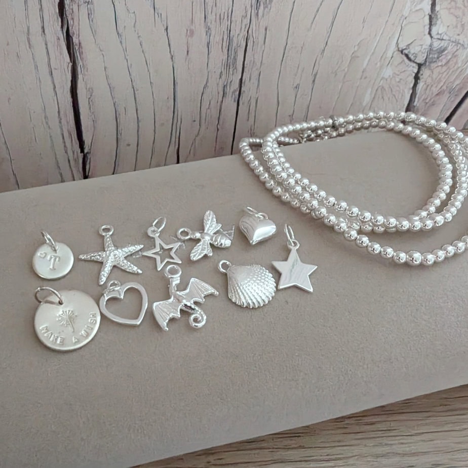 3mm Sterling Silver Beaded Bracelet - choose your charm