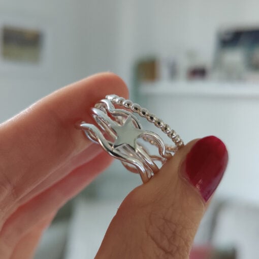 Sterling Silver Star & Wave Stacking Ring Set
