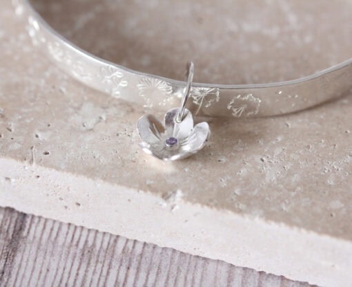 Sterling Silver English Country Garden Stamped Bangle With Blossom Charm